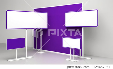 Various empty displays in a striking purple frame, showcasing an ideal setup for marketing or information sharing at events, expositions, or retail environments. 124637947