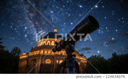 A telescope is pointed toward a starry night sky near an illuminated building. Ideal for astronomy, science education, or promoting exploration themes. 124638076