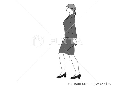 Illustration of a business woman walking, full body, side view, profile, monochrome Illustration of a business woman walking, full body, side view, profile, monochrome 124638129