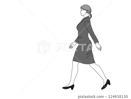 一位正在行走的女商人的插圖，全身，側視圖，輪廓，單色 124638130