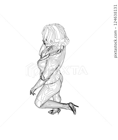 Contour of a girl standing on one leg, elegantly lifting her leg and raising her hand to her face. Curly hair. Vector illustration. Slim body, high heels, short hair, long legs. Young adult lady 124638131