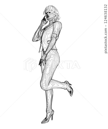 Contour of a girl standing on one leg, elegantly lifting her leg and raising her hand to her face. Curly hair. Vector illustration. Slim body, high heels, short hair, long legs. Young adult lady Contour of a girl standing on one leg, elegantly lifting her leg and raising her hand to her face. Curly hair. Vector illustration. Slim body, high heels, short hair, long legs. Young adult lady 124638132