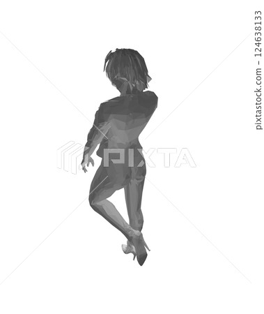Polygonal girl standing on one leg, elegantly lifting her leg and raising her hand to her face. Curly hair. Vector illustration. Slim body, high heels, short hair, long legs. Young adult lady. 124638133