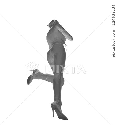 Polygonal girl standing on one leg, elegantly lifting her leg and raising her hand to her face. Curly hair. Vector illustration. Slim body, high heels, short hair, long legs. Young adult lady. 124638134