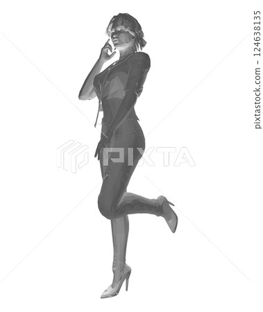 Polygonal girl standing on one leg, elegantly lifting her leg and raising her hand to her face. Curly hair. Vector illustration. Slim body, high heels, short hair, long legs. Young adult lady. 124638135