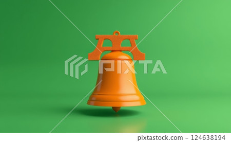 An orange bell, stylized with a unique top design, representing celebration and notification themes. Ideal for event planning or marketing visuals. 124638194