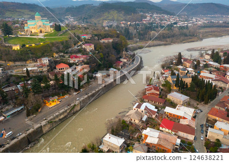 Aerial view of Kutaisi with Bagrati Cathedral on springtime dusk 124638221