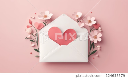 White envelope with a pink heart inside, surrounded by delicate pink flowers. Symbolizes love, romance, and heartfelt messages. White envelope with a pink heart inside, surrounded by delicate pink flowers. Symbolizes love, romance, and heartfelt messages. 124638379