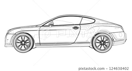 Sedan car in outline. Business sedan vehicle template vector isolated on white. Sport car outlined sketch, stylized vector symbol. High-end car. Vector draw with black lines. Technical drawing 124638402
