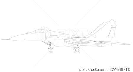Military fighter jet outline. Vector art illustration of contour airplane. Modern war aircraft. Supersonic speed. Military fighter jet outline. Vector art illustration of contour airplane. Modern war aircraft. Supersonic speed. 124638718