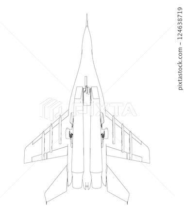 Military fighter jet outline. Vector art illustration of contour airplane. Modern war aircraft. Supersonic speed. Military fighter jet outline. Vector art illustration of contour airplane. Modern war aircraft. Supersonic speed. 124638719