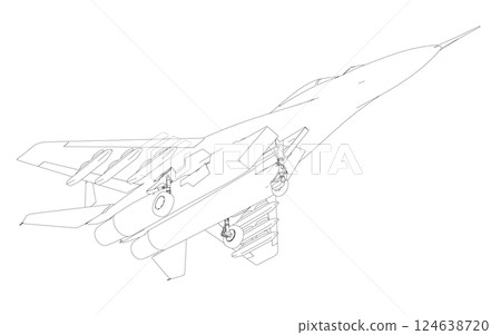 Military fighter jet outline. Vector art illustration of contour airplane. Modern war aircraft. Supersonic speed. Military fighter jet outline. Vector art illustration of contour airplane. Modern war aircraft. Supersonic speed. 124638720