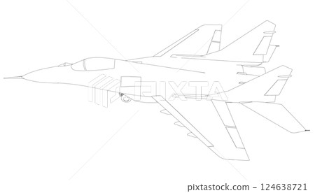 Military fighter jet outline. Vector art illustration of contour airplane. Modern war aircraft. Supersonic speed. Military fighter jet outline. Vector art illustration of contour airplane. Modern war aircraft. Supersonic speed. 124638721