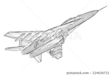 Military fighter jet wireframe. Vector art illustration of wireframe airplane. Modern war aircraft. Supersonic speed. 3D. 124638731