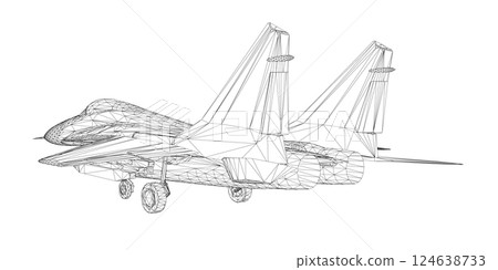 Military fighter jet wireframe. Vector art illustration of wireframe airplane. Modern war aircraft. Supersonic speed. 3D. Military fighter jet wireframe. Vector art illustration of wireframe airplane. Modern war aircraft. Supersonic speed. 3D. 124638733