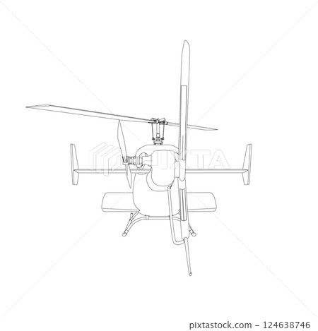 Helicopter detailed outline. Vector isolated on a white background. Adult military helicopter coloring page for book. Copter and Aircraft. Vector illustration. Black contour sketch illustrate 124638746