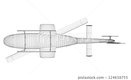 Helicopter detailed wireframe. Vector isolated on a white background. Adult military helicopter coloring page for book. Copter and Aircraft. Vector illustration. Black wireframe illustrate. 3D. 124638755