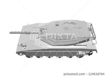Isolated vector image for military concepts. Military tank. Military equipment. Blueprint of realistic tank. Industrial drawing. War vehicle in polygonal style. Vector illustration. 3D. 124638764