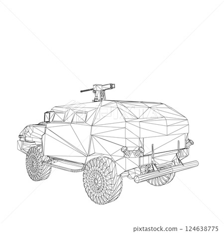 Army truck transportation for operation war vector design illustration. Truck in desert. 3D armored car. Wireframe military SUV. Off-road vehicle. Vector image for prints, poster and illustrations. 124638775