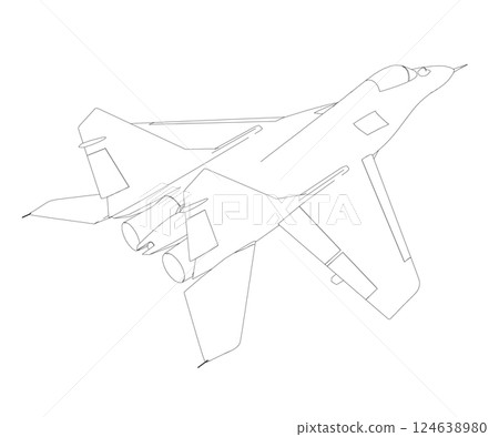 Military fighter jet outline. Vector art illustration of contour airplane. Modern war aircraft. Supersonic speed. Military fighter jet outline. Vector art illustration of contour airplane. Modern war aircraft. Supersonic speed. 124638980