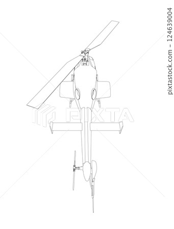 Helicopter detailed outline. Vector isolated on a white background. Adult military helicopter coloring page for book. Copter and Aircraft. Vector illustration. Black contour sketch illustrate 124639004