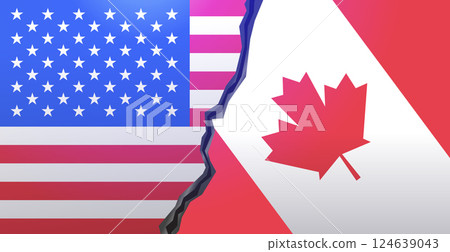 USA Canada trade war concept illustration depicting torn flags of the United States and Canada with a jagged split representing conflict. Banner design 124639043