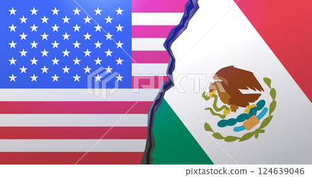 USA Mexico trade war concept flags divided by jagged line economic tension graphic design 124639046