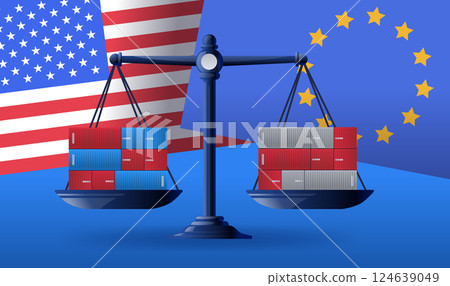 Trade war concept balance scales containers. Illustration depicts US and EU flags with shipping containers on scales symbolizing economic competition 124639049