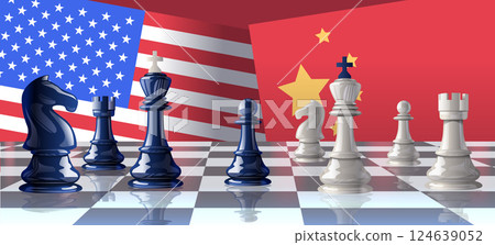 Trade war chess concept USA China flags chessboard strategy competition international relations political conflict blue white pieces digital art Trade war chess concept USA China flags chessboard strategy competition international relations political conflict blue white pieces digital art 124639052