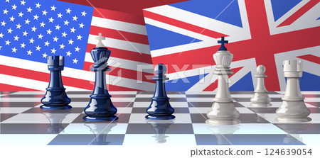 Chess pieces trade war concept with US and UK flags background. Black and white chess pieces on a reflective board symbolize competition 124639054