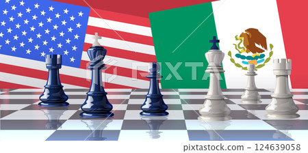 Chess pieces symbolize trade war concept with USA and Mexico flags in background on a chessboard setting. Strategic competition theme Chess pieces symbolize trade war concept with USA and Mexico flags in background on a chessboard setting. Strategic competition theme 124639058
