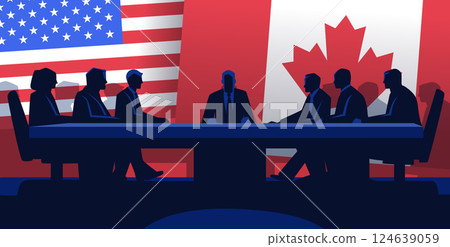 Trade negotiation meeting silhouette concept illustration. Businesspeople seated at a conference table with USA and Canada flags backdrop. Dark blue and red color scheme Trade negotiation meeting silhouette concept illustration. Businesspeople seated at a conference table with USA and Canada flags backdrop. Dark blue and red color scheme 124639059