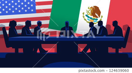 Trade negotiation meeting concept silhouettes of people at a conference table with USA and Mexico flags in the background international relations Trade negotiation meeting concept silhouettes of people at a conference table with USA and Mexico flags in the background international relations 124639060