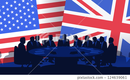 Silhouetted business meeting with US UK flags background international trade negotiation concept round table discussion blue red theme 124639061