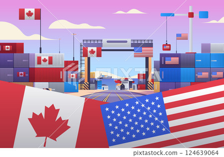 Canada USA trade war concept shipping containers cranes flags port scene pink sky 124639064
