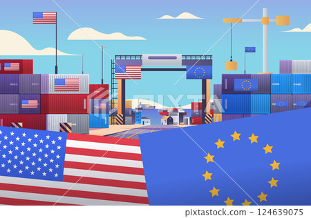 Trade war concept shipping containers flags USA EU port scene colorful graphics international commerce 124639075