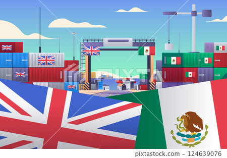 UK Mexico trade war concept shipping containers flags port scene banners 124639076