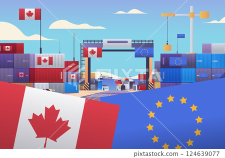 Trade war concept Canada EU containers flags shipping port cranes clear sky colorful design 124639077