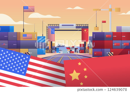 Trade war concept illustration depicting a port with shipping containers cranes and flags of two countries symbolizing economic conflict colorful background 124639078