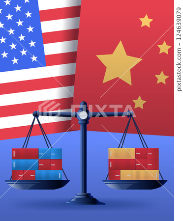 Trade war concept balance scale shipping containers USA China flags economic tension international relations Trade war concept balance scale shipping containers USA China flags economic tension international relations 124639079