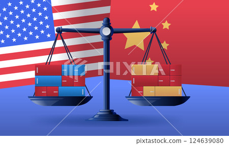 Trade war balance concept scales shipping containers flags background economic tension global competition digital design 124639080