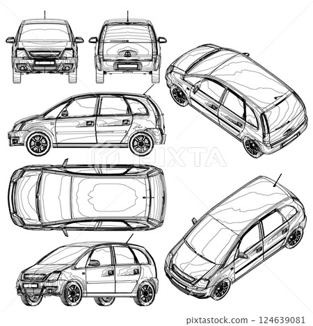 Blank compact car template for branding or advertising. Car outline on white background. Set with the contours of a passenger car from black lines Isolated on white background. Vector illustration. 3D 124639081