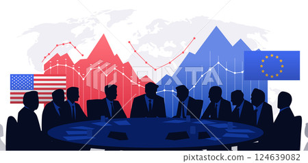 Trade negotiations meeting with silhouettes of people around a table in front of fluctuating graphs and flags of USA and EU on a world map background Trade negotiations meeting with silhouettes of people around a table in front of fluctuating graphs and flags of USA and EU on a world map background 124639082