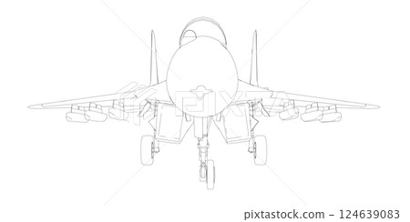 Military fighter jet outline. Vector art illustration of contour airplane. Modern war aircraft. Supersonic speed. Military fighter jet outline. Vector art illustration of contour airplane. Modern war aircraft. Supersonic speed. 124639083