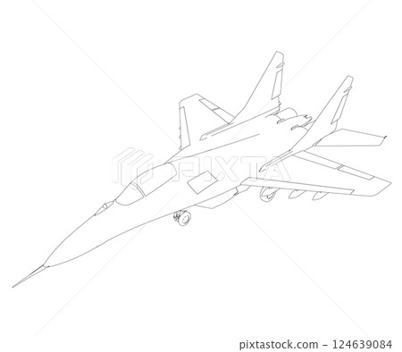 Military fighter jet outline. Vector art illustration of contour airplane. Modern war aircraft. Supersonic speed. Military fighter jet outline. Vector art illustration of contour airplane. Modern war aircraft. Supersonic speed. 124639084