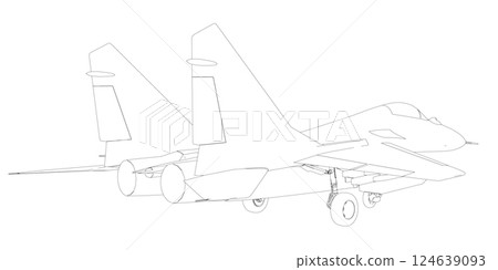 Military fighter jet outline. Vector art illustration of contour airplane. Modern war aircraft. Supersonic speed. Military fighter jet outline. Vector art illustration of contour airplane. Modern war aircraft. Supersonic speed. 124639093