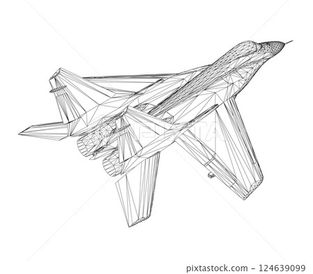Military fighter jet wireframe. Vector art illustration of wireframe airplane. Modern war aircraft. Supersonic speed. 3D. Military fighter jet wireframe. Vector art illustration of wireframe airplane. Modern war aircraft. Supersonic speed. 3D. 124639099