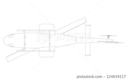 Helicopter detailed outline. Vector isolated on a white background. Adult military helicopter coloring page for book. Copter and Aircraft. Vector illustration. Black contour sketch illustrate 124639117