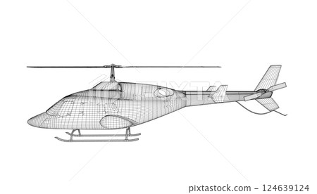 Helicopter detailed wireframe. Vector isolated on a white background. Adult military helicopter coloring page for book. Copter and Aircraft. Vector illustration. Black wireframe illustrate. 3D. Helicopter detailed wireframe. Vector isolated on a white background. Adult military helicopter coloring page for book. Copter and Aircraft. Vector illustration. Black wireframe illustrate. 3D. 124639124