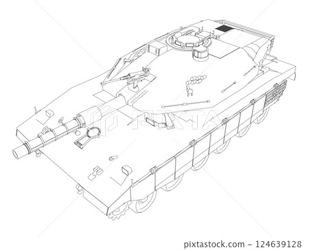 Isolated vector image for military concepts. Military tank. Military equipment. Blueprint of realistic tank. Detailed armored car. Industrial drawing. War vehicle in outline style. Vector illustration 124639128